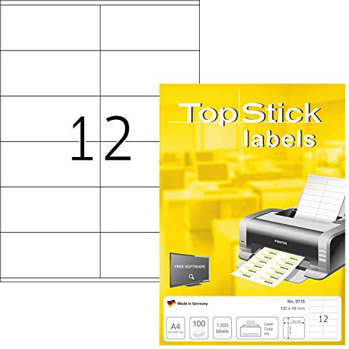 TopStick 8715 Universal Etiketten, 1000 Blatt, 105 x 48 mm, 12 pro A4 Bogen, 12000 Stück, selbstklebend, bedruckbar, matt, blanko Papier Klebeetiketten Aufkleber, weiß