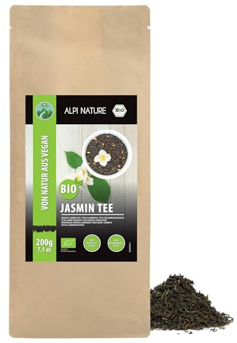 Alpi Nature Jasmin The BIO 200g, Thé Vert aux Fleurs de Jasmin, Thé Vert Vrac, Naturellement Caféiné
