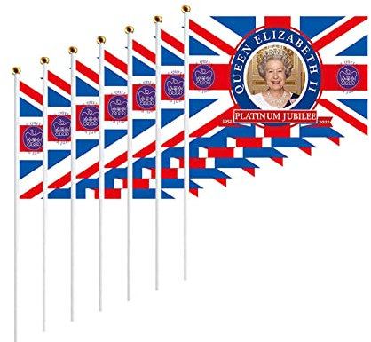 Anloximt 7 x Queen Platinums Jubiläumsflaggen, Queen Platinums Jubilee Handschwenkende Flaggen, Platinums Jubilee Flags 2022 Handgehalten, Union Jack Stick Flag zum 70. Jahrestag von Queen Elizabeth