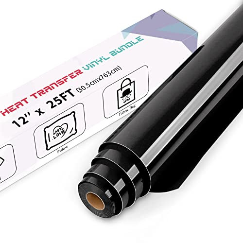 IModeur 25 Ft Black Heat Transfer Vinyl — 30.5 x 763 cm Iron on Vinyl for Fabric, PET Backing Black Vinyl for T-Shirts, Clothes, Hats, Bags and Other Textiles, HTV Vinyl Roll Easy to Weed