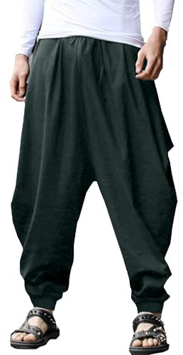 YAOHUOLE Herren Leinenhose Lange Leichte Sommerhose Casual Haremshosen Dunkelgrau M