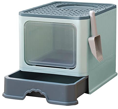 Bandeja de arena cerrada para gatos, casa de aseo con bandeja extraíble, pala, cepillo, capacidad 15 kg, antifugas, gran tamaño (51 x 41 x 38 cm), color verde