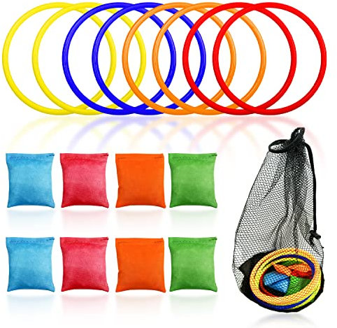 Ensemble de 16 Jouets à Lancer avec 1 Sac en Filet Noir, Ensemble d'anneaux de Lancer de poufs colorés, Jeux de Lancer pour Enfants pour fête d'anniversaire, activités intérieures et extérieures