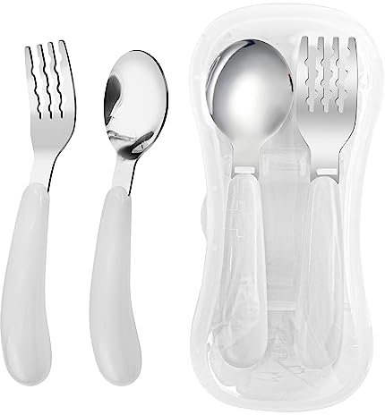 VANRA Juego de 2 tenedores y cucharas para niños pequeños con estuche de viaje de acero inoxidable 18/8, utensilios para niños, cubiertos para niños, juego de cubiertos para niños para la lonchera
