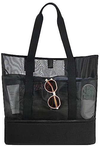 Luckits Extra Große Reisetasche Strandtasche Sand Spielzeug Aufbewahrungstasche Faltbare Handtaschen Netztasche Picknicktaschen für den Sommer Strand Shopping für Familie Urlaub (Schwarz)