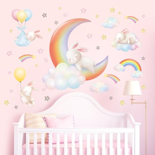 DECOWALL SG2-2313 Regenbogenmond Wolken Wandtattoo Kaninchen Wandaufkleber für Kinderzimmer Heimdekoration Kunst Babyzimmer Jungen Mädchen Farbe Spielzimmer Schlafzimmer niedlich