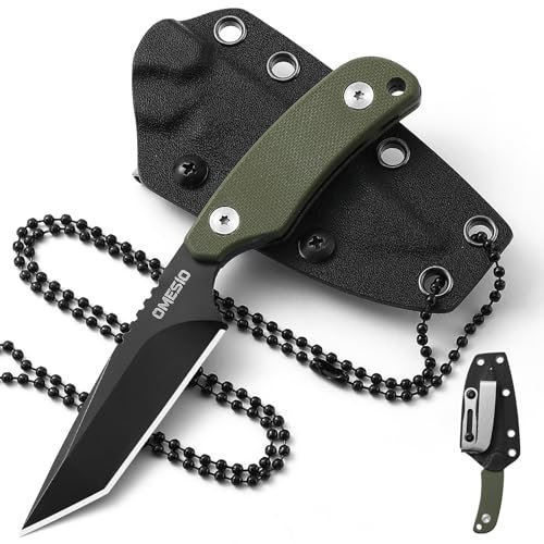 Omesio Coltello da collo Tanto, acciaio D2, piccolo coltello a fissa con manico in G10 e lama intera, fodero in Kydex incluso, lunghezza lama 8,3 CM