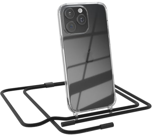 EAZY CASE - Handykette kompatibel mit iPhone 15 Pro Max - dünne Handyhülle für iPhone 15 Pro Max Hülle mit Band als Fallschutz Kette zum Umhängen transparente Hülle Silikon in Schwarz