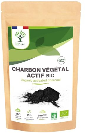 BIOPTIMAL - Charbon Végétal Actif Bio en Poudre - Digestion Santé intestinale - Ingrédient pour Pâtisserie ou Cosmétique - Dents blanches Masque - Fabrication et Origine France - 400g