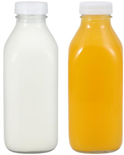 LIMILI Lot de 2 bouteilles de lait en verre avec couvercles, réutilisables, 1 litre, bouteilles de jus pour laiterie, jus de fruits, pour petit déjeuner, pique-nique, mariage (blanc)
