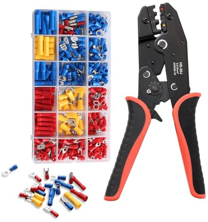 Insulated Wire Terminal Crimping Tool Kit, Ratchet Crimper Plier, Cable Lug Pliers Electrician Crimp Toolkit with 370 Insulated Butt Bullet Spade Ring Connectors