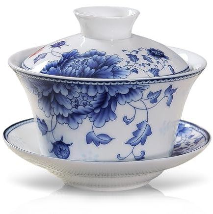 fanquare Gaiwan Azul y Blanco Tazón de Té Sancai Tradicional Chino de Porcelana Floral Peonía con Tapa Juego de Taza de Té y Platillo Vintage 220ML