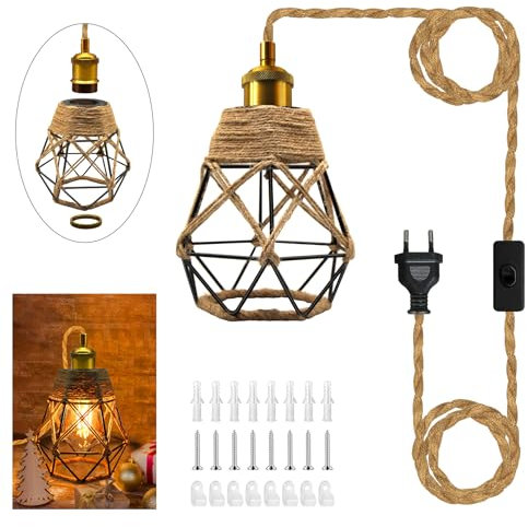 E27 Retro Lampenfassung mit Kabel 510cm,Vintage Hängelampe mit Stecker, Industrielle Hanfseil Pendelleuchte Kit,Messing Metall Hängeleuchte,Vintage Lampenkabel,Für Restaurant Gang Ohne GlüHbirne