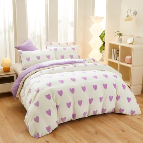 Covebett Winter Bettwäsche Flanell 200x200 Herzen Lila Weiß Warme Biber Plüsch Wende Winterbettwäsche 3teilig, Flauschig Fleece Mädchen Bettbezug und 2 Kissenbezug 80x80 mit Reißverschluss