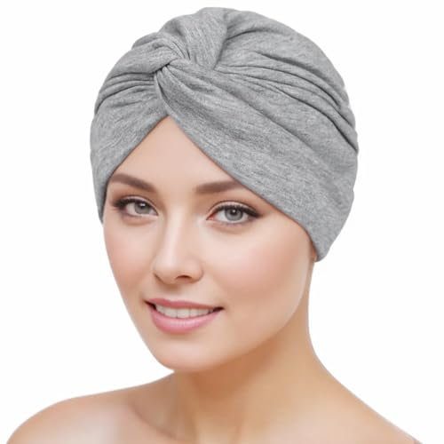 HPONEZJ Turban Damen Chemo Cap Baumwolle Kopfwickel Mütze Vorgebunden Knot Turbanhut Beanie Elastisch Headwraps Schlafhut Krebs Kappe Afrikanisch Muslim Kopftuch für Haarverlust Schlafen (Grau)