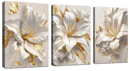WENGTIAO 3Pcs Weiß Gold Lilien Blumen Leinwand Bilder Kunstdrucke Gerahmtes Bild Aesthetic Weiß Geblümt Malerei Wandbilder auf Leinwand Wohnzimmer Schlafzimmer Wanddeko 40x60 cmx3