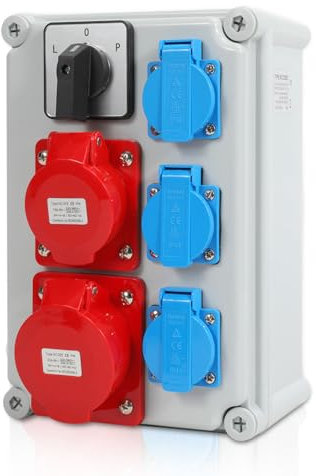 Gimisgu Wandverteiler Baustromverteiler CEE 1x32A 5P, 1x16A 5P, 3x230V Schuko Steckdosen, IP44 Wasserdicht, mit L-0-P Schalter, Vorverkabelt Stromverteiler