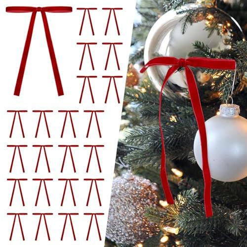 Pipihome Christmas Red Velvet Bows of 24 Pcs, Velvet Bows for Christmas Tree Ornaments, Vintage Wedding Velvet Ribbon Gift Bows for Christmas Tree Wreath Tie Door Garland Decor 5 x 7 Inch