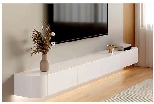 Soporte de TV flotante para sala de estar y dormitorio, centro de entretenimiento de madera moderna, consola de TV con armarios de almacenamiento y puertas abatibles, consola de medios de montaje en