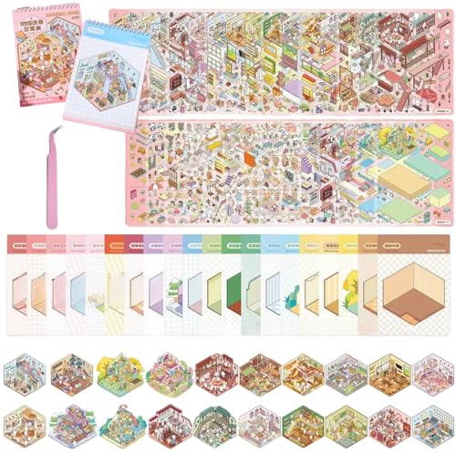 20 Sätze 3D-Sticker-Szenen Mit Pinzette,Miniatur DIY 3D Home-Stickers,Mini-Haus-Aufkleber-Sticker-Therapie-Aufkleber für Erwachsene Um Stress Lindern Und Zeit Verbringen Kreativität Anregen