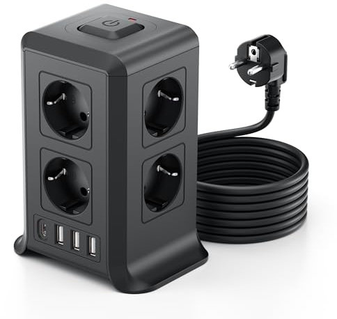Torre Regletas Enchufes, Regleta USB 8 Tomas de AC y 4 USB Enchufe Multiple,Regleta Enchufes Proteccion Sobretension, 2 M Regreltas Vertical con Interruptor para Mesa, Oficia, Casa, Negro