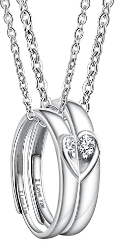 Coppia di Anelli 925 Sterling Silver Love Heart Partner Rings Collana Anelli di Nozze Impegno per Matrimoni per Uomini e Donne Dimensioni Regolabili in Argento [Anello di novità]