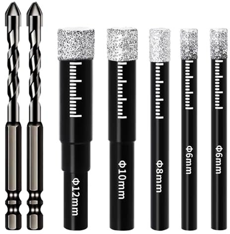 7 PCS Porcelain Tile Drill Bits Set, 6mm, 8mm, 10mm, 12mm, Round Shank Diamond Drill Bit, Dry Diamond Dri-ll Bits Glass for Granite, Ceramic, Marble Stone and Glass