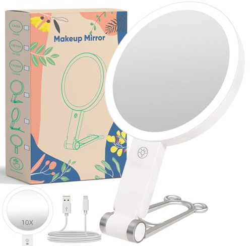 ONIYEA Miroir de voyage avec lumière 10x, miroir de maquillage grossissant double face, miroir de maquillage rechargeable avec éclairage 3 couleurs, écran tactile à intensité variable, poignée de