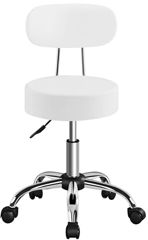 Yaheetech Taburete Giratorio Taburete con Ruedas y Respaldo con Altura Regulable 75.5-85 cm Asiento Tapizado de Polipiel Sintético para Oficina Dormitorio Blanco