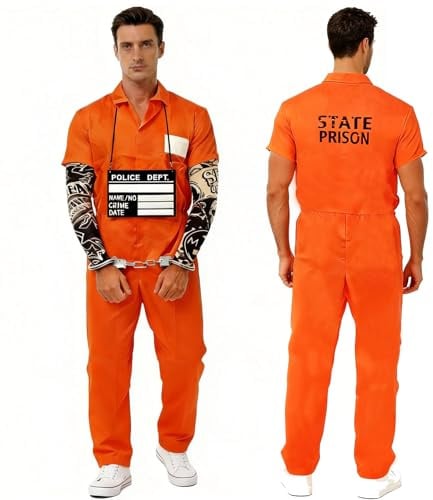 YeahBoom Gefangener Kostüm Herren Damen,Gefängnis Kleidung Orange,Prisoner Overall Costume mit Sträfling Accessoires,Häftling Outfit,Sträfling Kostüm für Erwachsene Cosplay Halloween Karneval Costume