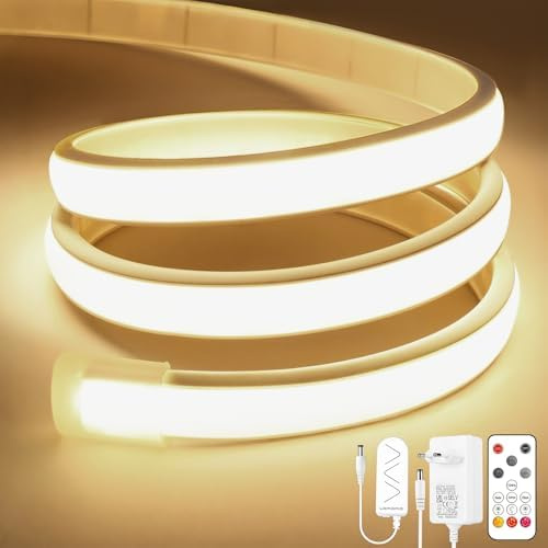 Lamomo COB LED Streifen, Naturweiß Dimmbar Neon Strip mit Fernbedienung, 3m | Selbstklebend, Wasserdicht, Silikon, Flexibel, 4000K, Schneidbar, 10mm Breit, 24V Leiste für Innen Schrank Deko TV, CRI90+