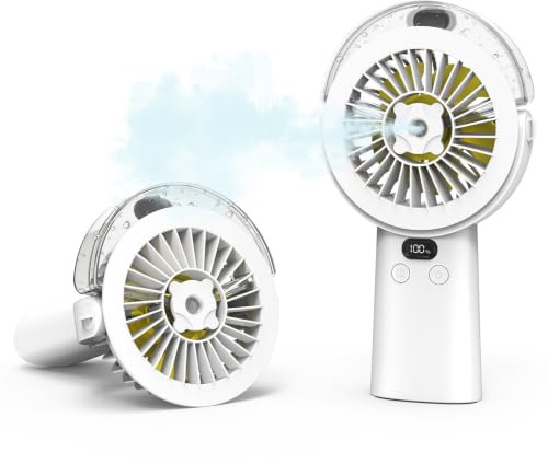 BQSS Ventilateur à main avec refroidissement à eau, ventilateur portable rechargeable par USB, 5 vitesses, réglable à 90° avec affichage LED, mini ventilateur pour plage, bureau et voyage (blanc)