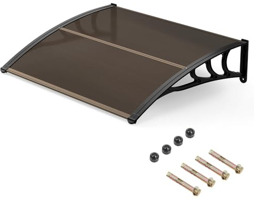 COSTWAY Marquesina Exterior para Puertas y Ventanas, 100 x 76cm, Tejadillo de Protección contra Lluvia Sol Viento, Toldo de Policarbonato con Barras de Metal para Entrada Porche Jardín (Café)