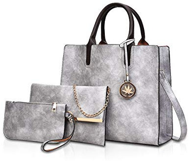 NICOLE&DORIS Sac à Main en Cuir 3 pièces sacoches Sac fourre-Tout Cuir pour Dames + bandoulière + Porte-Monnaie Gris