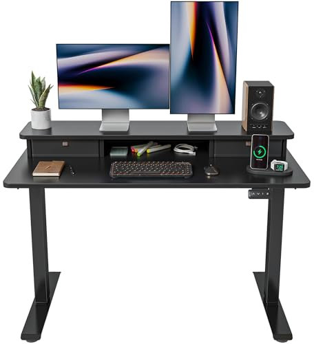 FEZIBO Höhenverstellbarer Elektrischer Stehtisch mit Doppelschublade, 120 x 60 cm Stehtisch mit Ablage, Sitz-Steh-Schreibtisch mit Verbindungsplatte, Schwarzer Rahmen/Schwarze Oberfläche