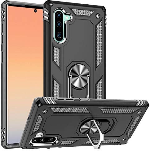 Fetrim Custodia per Galaxy Note 10, Cover PC TPU Cassa Shell Supporto di Anello Rotante Case per Samsung Galaxy Note 10 Nero