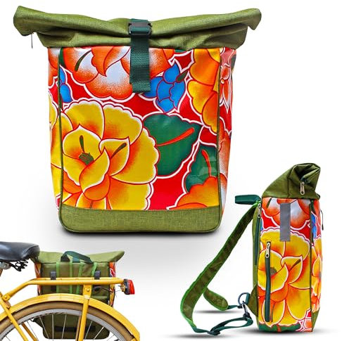 Ikuri Fahrradtasche/Rucksack Kombi Fahrradrucksack aus Wachstuch für Gepäckträger Packtasche Wasserdicht für Frauen - Model Tehuana rot