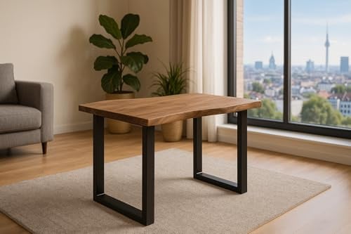 SAM Esstisch Laurina 120x80 cm Akazie stone Baumkante U-Gestell schwarz | Baumkantentisch massiv, Akazienholz stonefarben, Metallgestell, Esszimmertisch