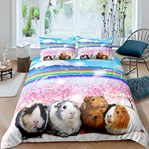 Meerschweinchen-Bettwäsche-Set für Mädchen und Jungen, niedlich, gewellt, niedlich, niedlich, Haustier-Bettbezug, Regenbogen-Berglandschaft, Bettbezug, Raumdekoration, Kirschbaum-Tagesdecke,