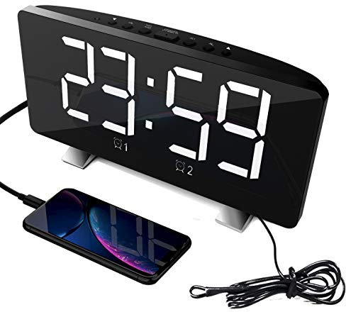 ThreeH Radio-réveil pour Chambre à Coucher avec Deux Ports Charge USB 4 Modes Gradation Écran LED 7,3 '' Mode 12/24 Heures Fonction Snooze Blanc