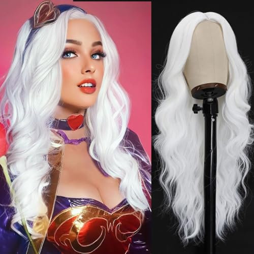 PORSMEER Perücke Weiß Lang Locken Gewellt Natürlich Haar für Frauen/Mädchen Alltagstauglich Cosplay Kostüm Fasching Party Wig