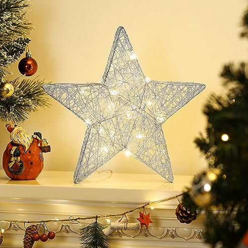 Lewondr Tischlampe, LED Stern Deko Weihnachten Nachttischlampe mit Eisendraht, Batteriebetrieben/USB-betrieben Tischdeko Weihnachtsbeleuchtung Eisenrahmen Sterne Weihnachten Zuhause Büro, Silber