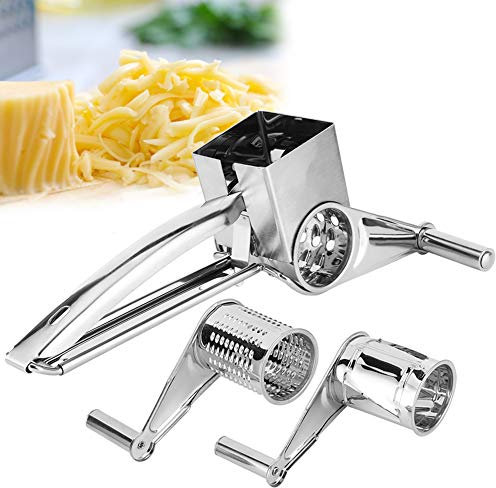 YUMILI Rotary Cheese Grater Set, Handheld Cheese Grinder, Hand Cranked Rotating Vegetable Grater Stainless Steel Cheese Grater, Cheese Cutter Shredder Slicing Tool with 3 Rotatable Blades for Home