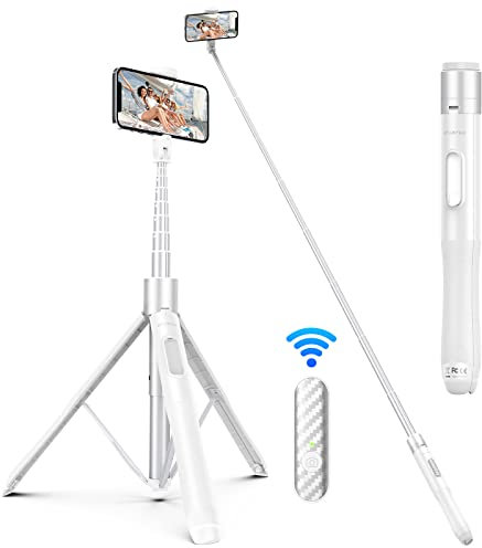ATUMTEK Selfie-Stick 165CM 3 in 1 Selfie Stick Bluetooth Teleskop Selfie Stick Stativ mit Abnehmbarer Fernbedienung Telefon Stativ Kompatibel mit iPhone 15/14, Samsung und andere Smartphones (Weiß)