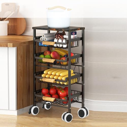 Treesunshine Carrito Auxiliar con Ruedas, y encimera, Carrito de Servir con Cesta Extensible de aleación de Hierro y Carbono, Madera, 5 Niveles