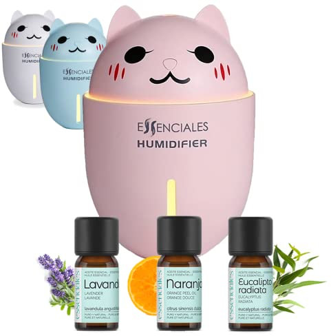 Humidificador Bebe y Niños EssenCAT - Incluye Aceites Esenciales 10ml de Eucalipto, Lavanda y Naranja ideales para gripes y combatir los mocos - Color Rosa