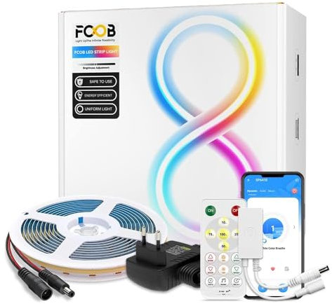 FCOB COB 24V Kit flessibile ad alta densità LED luce bianco naturale 4000K 5M 320LEDs/M 8mm larghezza con SP641E Bluetooth APP Controller＆Alimentazione CRI90+ Striscia LED
