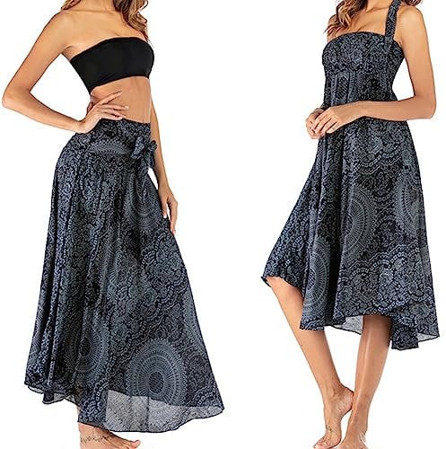 1Pcs Retro Maxi Gonna Lunga,Sciolto Gonna fluente Festa in Spiaggia,Boemia Capestro Abito Spiaggia 2 in 1 Gonne da Mare Grande Danza del Ventre Casual (Nero)