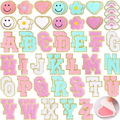 Hanaive 80 Pcs Chenille Letter Patches Self Adhesive Iron on Patch 3D Cute Embroidered Rainbow Smile Face Heart Applique Sewing Badges Patch for Fabric Clothing Jacket DIY(Pastel Rainbow,Letters)