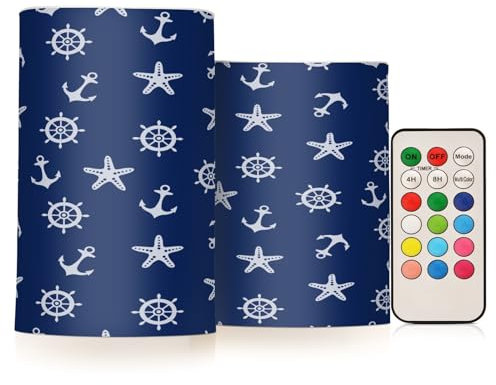 Quteprint 2 Pack Flameless Candles with Remote Timer Flickering LED Candles, Navy Blue Ocean Anchor Battery Operated Candles Tea Lights Fake Candles for Home Bathroom Halloween Christmas Party